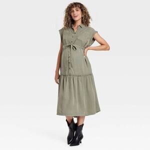 Isabel Maternity Green Short Sleeve Button-Front Belted Maternity Dress XS